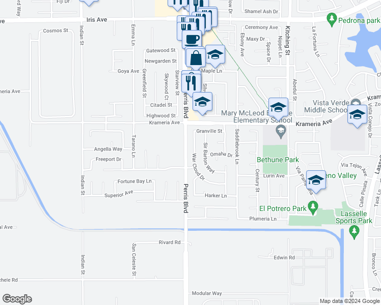 map of restaurants, bars, coffee shops, grocery stores, and more near 16611 War Cloud Drive in Moreno Valley