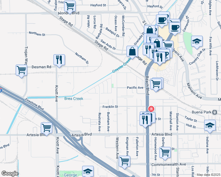 map of restaurants, bars, coffee shops, grocery stores, and more near 5631 Stratford Circle in Buena Park
