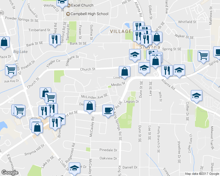 map of restaurants, bars, coffee shops, grocery stores, and more near 3079 Dunton Street in Smyrna