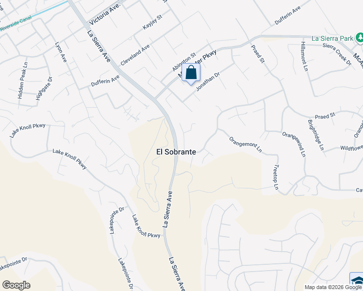 map of restaurants, bars, coffee shops, grocery stores, and more near 16549 Amberley Court in Riverside