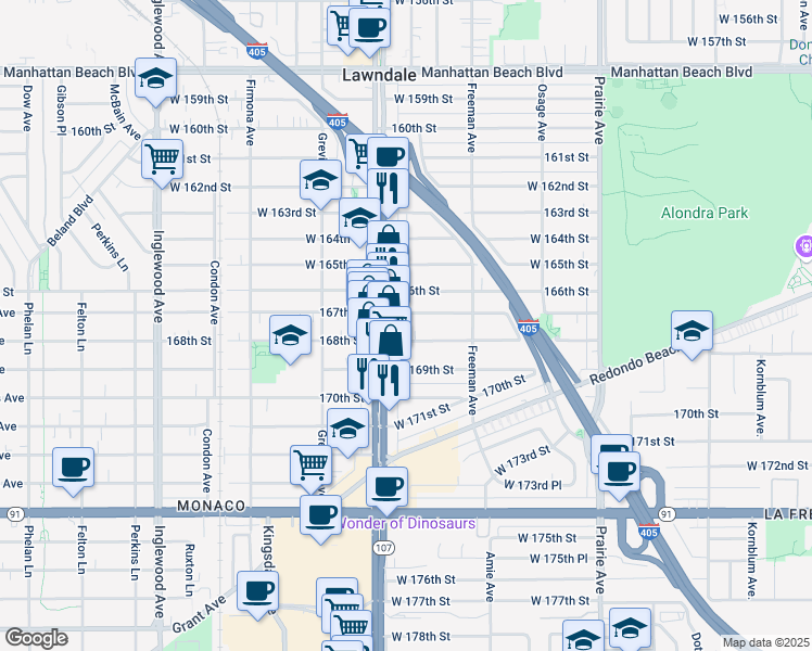 map of restaurants, bars, coffee shops, grocery stores, and more near 4338 1/2 167th Street in Lawndale