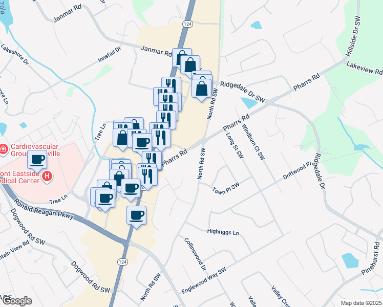 map of restaurants, bars, coffee shops, grocery stores, and more near 1912 Pharrs Road in Snellville