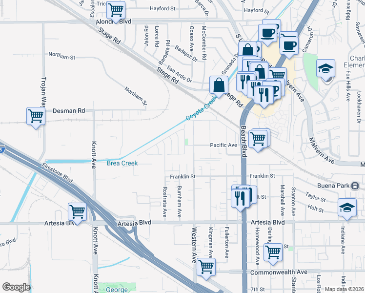 map of restaurants, bars, coffee shops, grocery stores, and more near 5631 Stratford Circle in Buena Park
