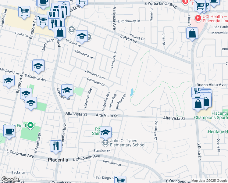 map of restaurants, bars, coffee shops, grocery stores, and more near 949 Finnell Way in Placentia