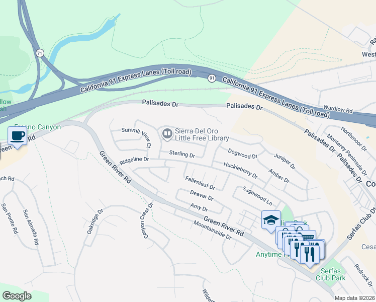 map of restaurants, bars, coffee shops, grocery stores, and more near 3271 Sterling Drive in Corona