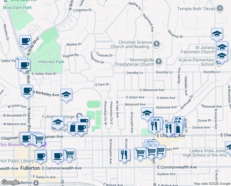 map of restaurants, bars, coffee shops, grocery stores, and more near 800 East Glenwood Avenue in Fullerton