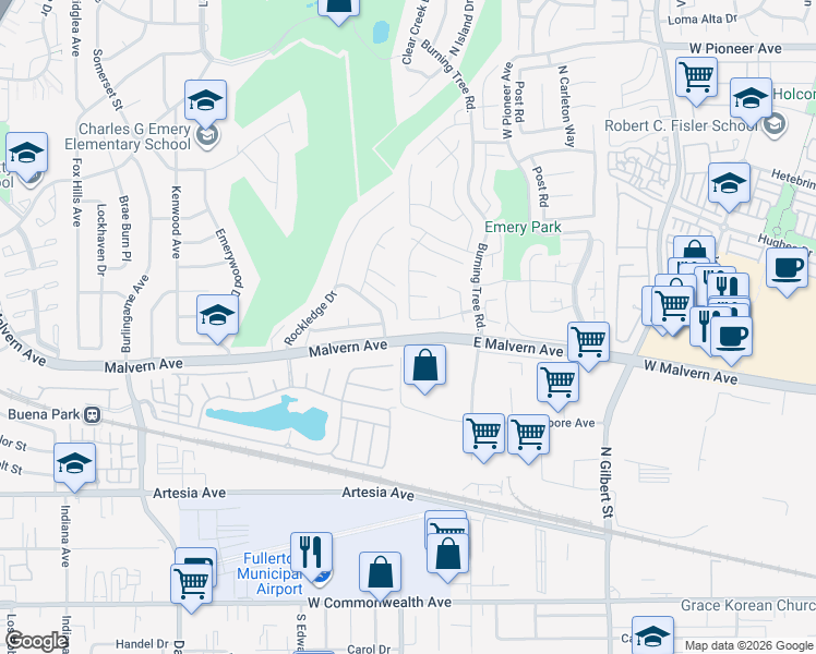 map of restaurants, bars, coffee shops, grocery stores, and more near 8971 Meadowbrook Way in Buena Park