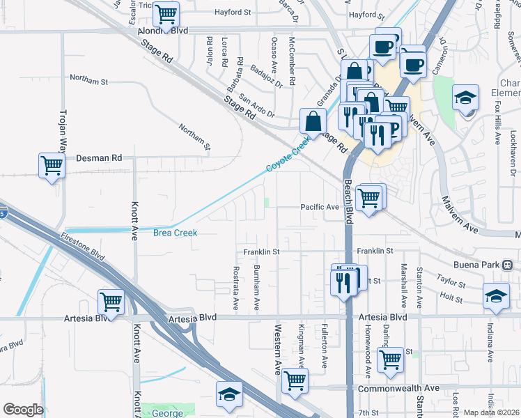 map of restaurants, bars, coffee shops, grocery stores, and more near 5631 Stratford Circle in Buena Park