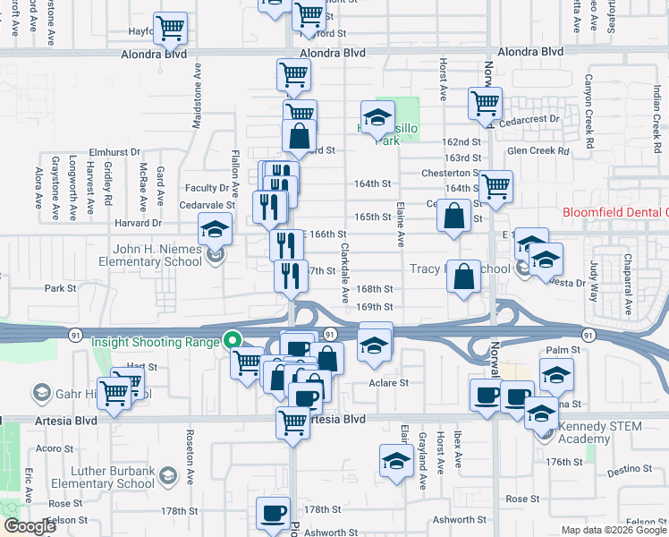 map of restaurants, bars, coffee shops, grocery stores, and more near 11865 167th Street in Artesia