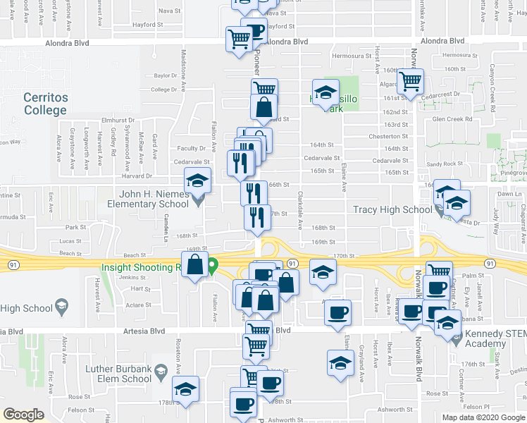map of restaurants, bars, coffee shops, grocery stores, and more near 11817 167th Street in Artesia