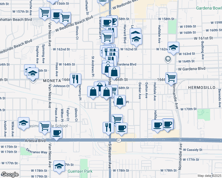 map of restaurants, bars, coffee shops, grocery stores, and more near 16801 South Western Avenue in Gardena