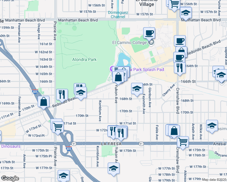 map of restaurants, bars, coffee shops, grocery stores, and more near 16700 Yukon Avenue in Torrance