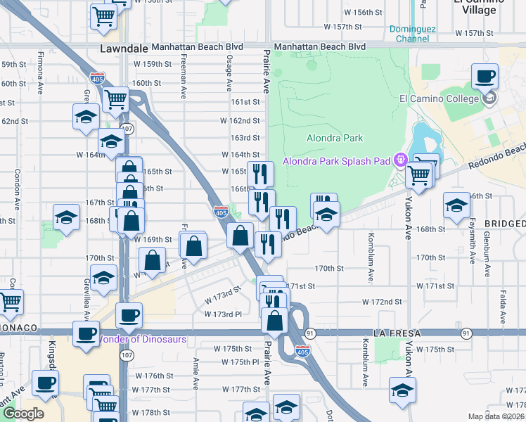 map of restaurants, bars, coffee shops, grocery stores, and more near 16711 Prairie Avenue in Lawndale