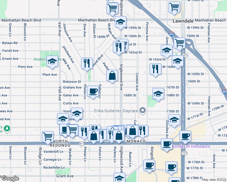 map of restaurants, bars, coffee shops, grocery stores, and more near 2606 Perkins Lane in Redondo Beach