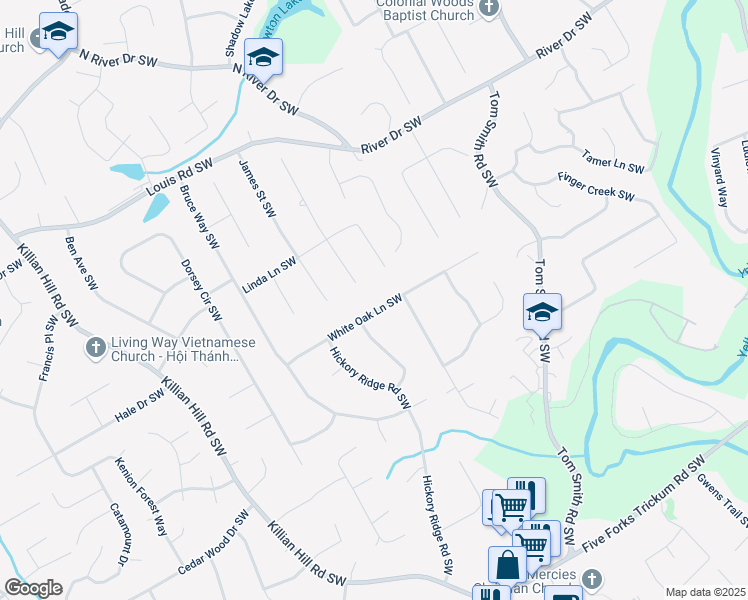 map of restaurants, bars, coffee shops, grocery stores, and more near 4045 White Oak Lane Southwest in Lilburn