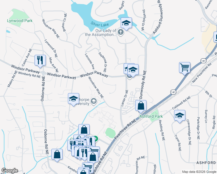 map of restaurants, bars, coffee shops, grocery stores, and more near 3087 Oglethorpe Way Northeast in Atlanta