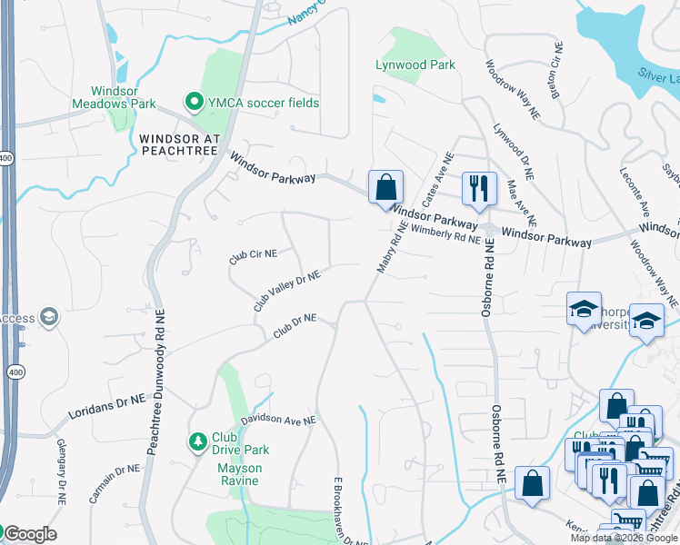 map of restaurants, bars, coffee shops, grocery stores, and more near 4627 Club Valley Drive Northeast in Atlanta