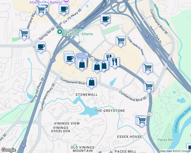 map of restaurants, bars, coffee shops, grocery stores, and more near in Vinings