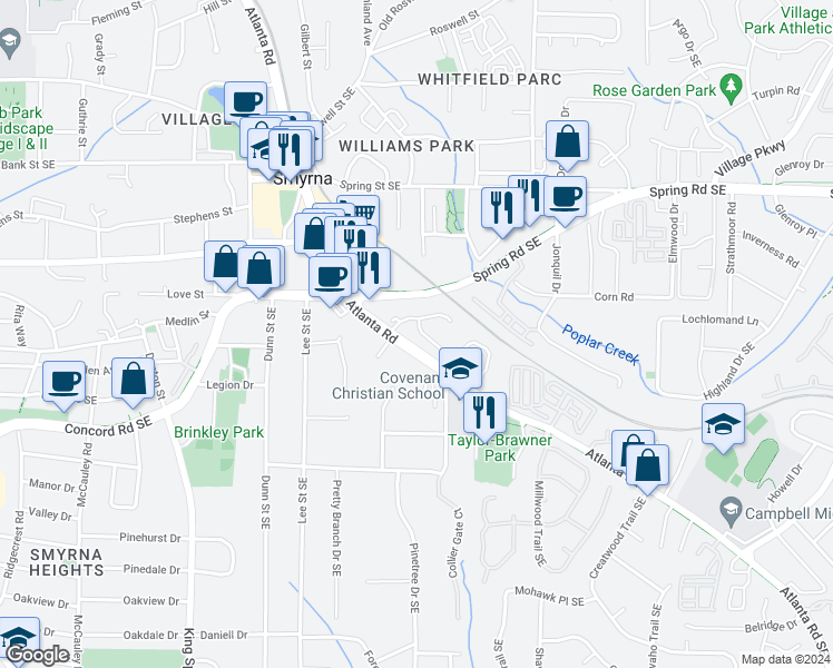 map of restaurants, bars, coffee shops, grocery stores, and more near 3002 Montclair Circle Southeast in Smyrna