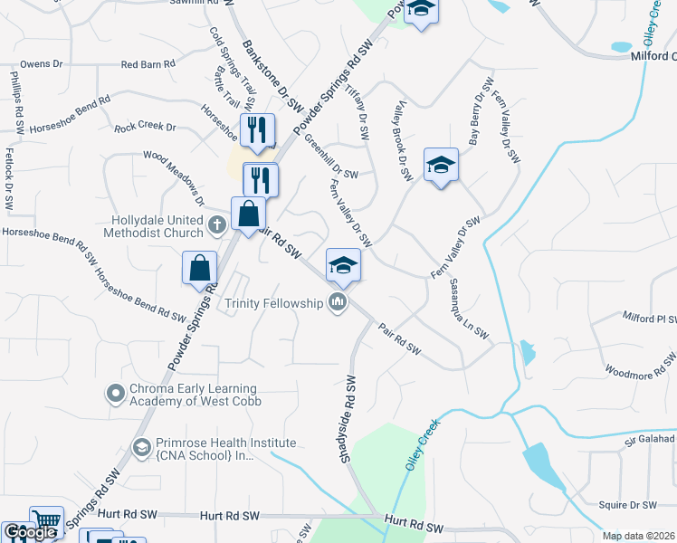 map of restaurants, bars, coffee shops, grocery stores, and more near 3047 Bay Berry Drive Southwest in Marietta