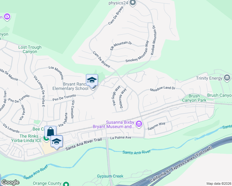 map of restaurants, bars, coffee shops, grocery stores, and more near 5560 Van Gogh Way in Yorba Linda