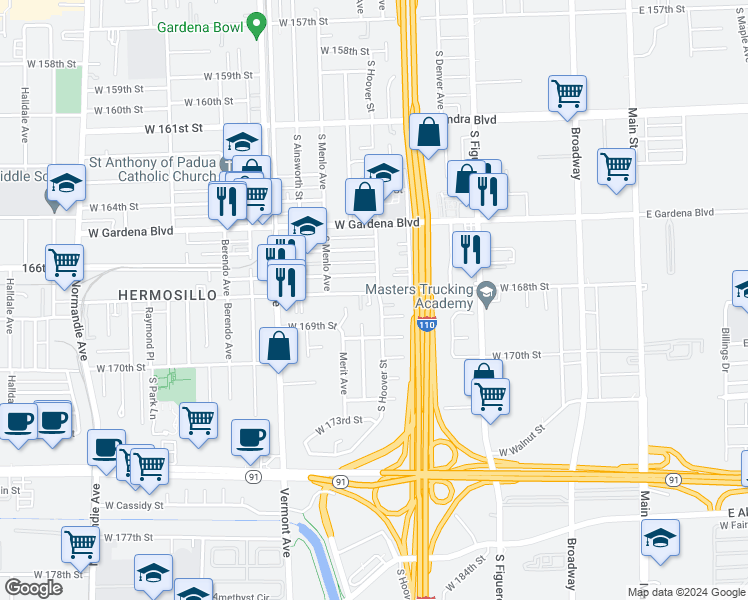 map of restaurants, bars, coffee shops, grocery stores, and more near 16801 South Hoover Street in Gardena
