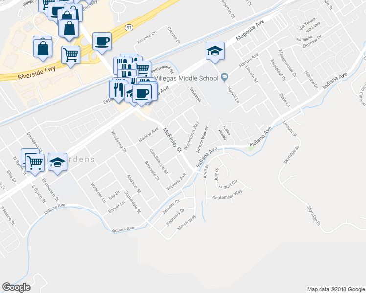 map of restaurants, bars, coffee shops, grocery stores, and more near 3530 Jackfrost Court in Riverside