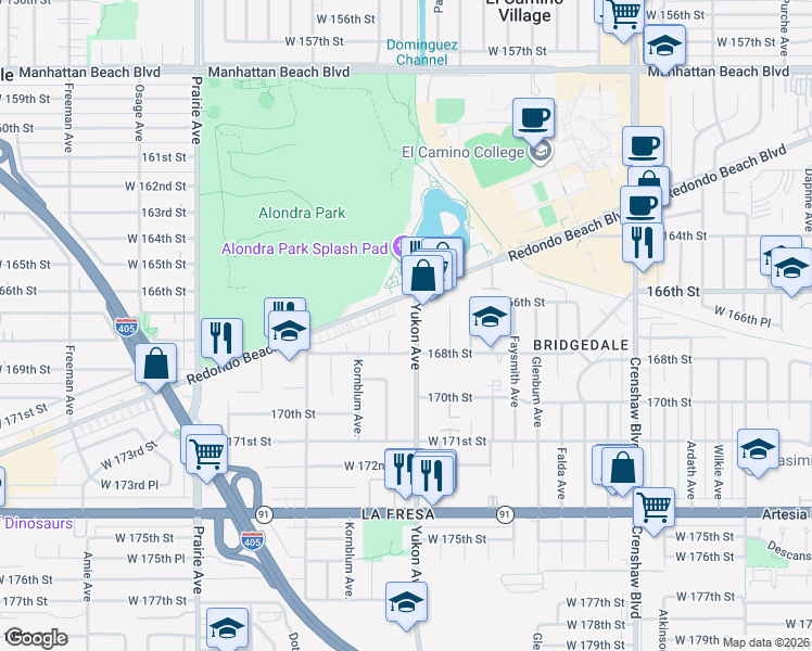 map of restaurants, bars, coffee shops, grocery stores, and more near 16700 Yukon Avenue in Torrance