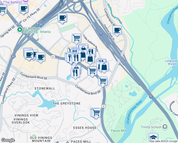 map of restaurants, bars, coffee shops, grocery stores, and more near 193 Riverwood Parkway in Atlanta