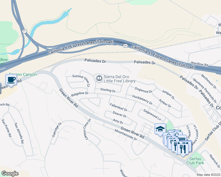 map of restaurants, bars, coffee shops, grocery stores, and more near 3327 Sterling Drive in Corona