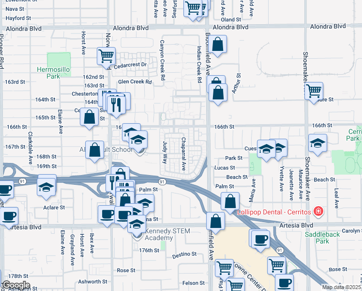 map of restaurants, bars, coffee shops, grocery stores, and more near 16717 Chaparral Avenue in Cerritos
