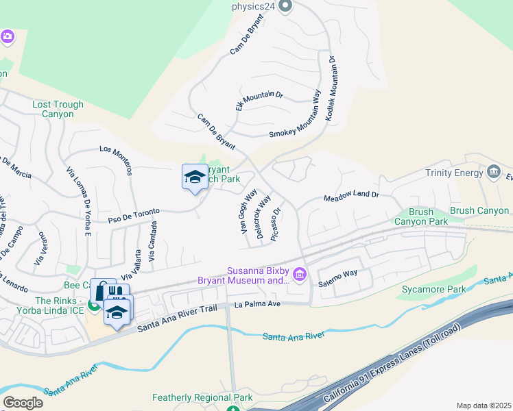 map of restaurants, bars, coffee shops, grocery stores, and more near 5545 Delacroix Way in Yorba Linda