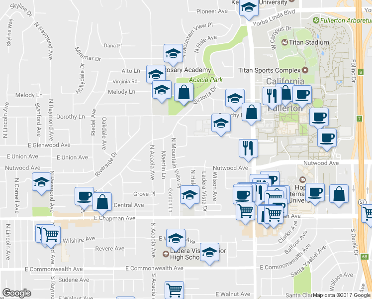map of restaurants, bars, coffee shops, grocery stores, and more near 2018 East Glenwood Avenue in Fullerton