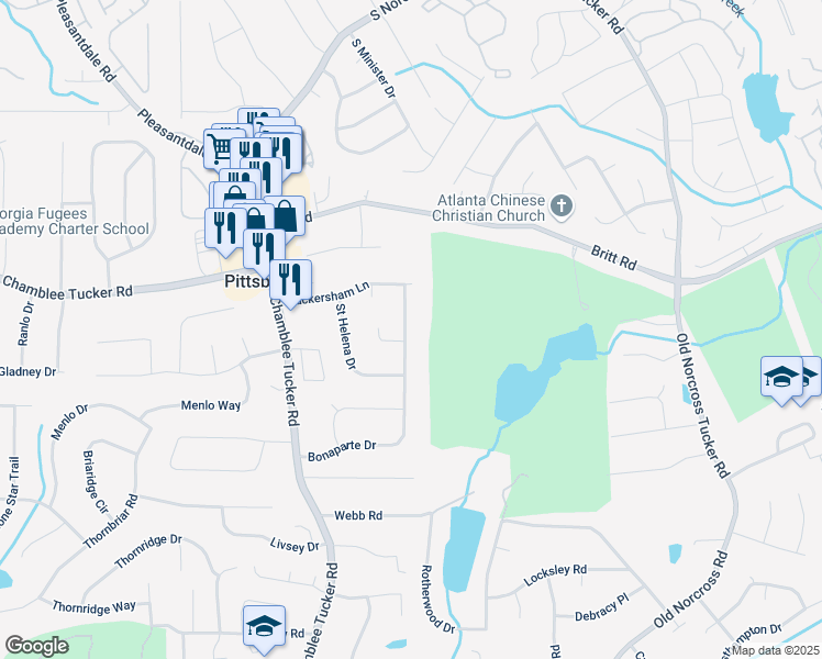map of restaurants, bars, coffee shops, grocery stores, and more near 4379 Bonaparte Drive in Tucker