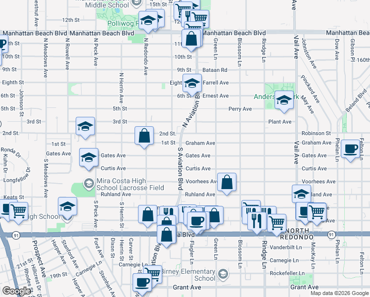 map of restaurants, bars, coffee shops, grocery stores, and more near 2606 South Aviation Boulevard in Manhattan Beach