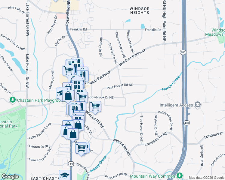 map of restaurants, bars, coffee shops, grocery stores, and more near 373 Pine Forest Road Northeast in Atlanta