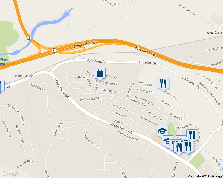 map of restaurants, bars, coffee shops, grocery stores, and more near 3327 Sterling Drive in Corona