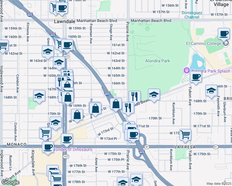 map of restaurants, bars, coffee shops, grocery stores, and more near 4042 167th Street in Lawndale