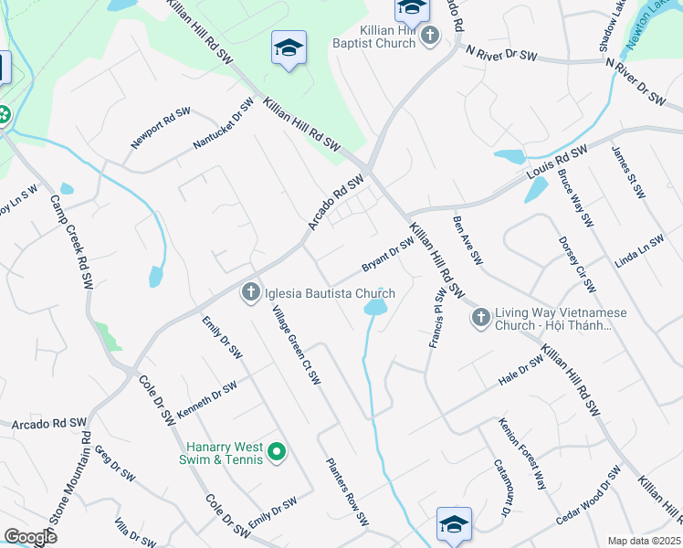 map of restaurants, bars, coffee shops, grocery stores, and more near 4491 Bryant Drive Southwest in Lilburn