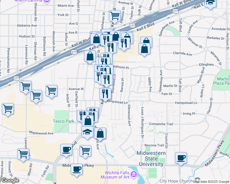 map of restaurants, bars, coffee shops, grocery stores, and more near 3311 Sherwood Lane in Wichita Falls