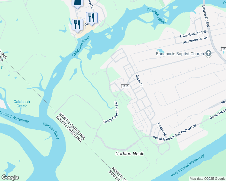 map of restaurants, bars, coffee shops, grocery stores, and more near 9261 Rivendell Place in Calabash