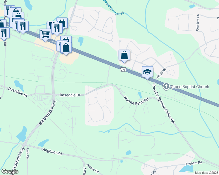 map of restaurants, bars, coffee shops, grocery stores, and more near 213 Ancient Oaks Way in Hiram