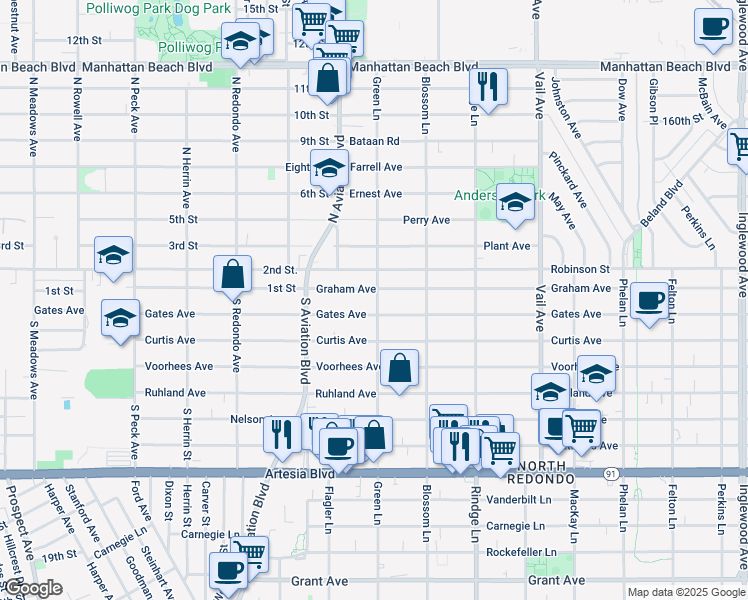 map of restaurants, bars, coffee shops, grocery stores, and more near 2607 Green Lane in Redondo Beach