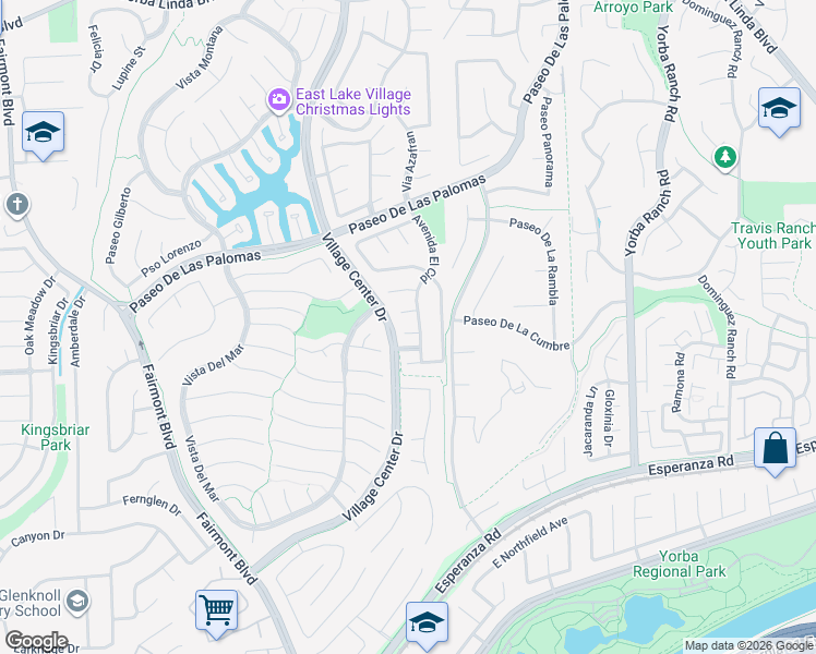 map of restaurants, bars, coffee shops, grocery stores, and more near 20625 Via Bilbao in Yorba Linda
