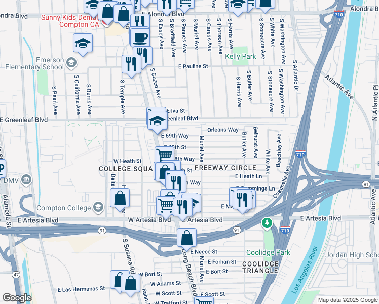 map of restaurants, bars, coffee shops, grocery stores, and more near 142 East 69th Street in Long Beach
