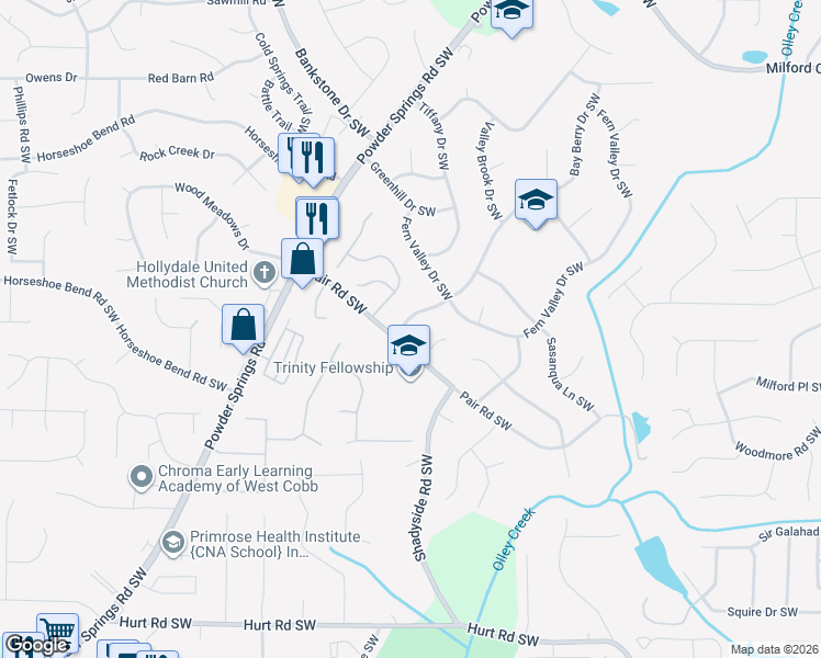 map of restaurants, bars, coffee shops, grocery stores, and more near 3047 Bay Berry Drive Southwest in Marietta