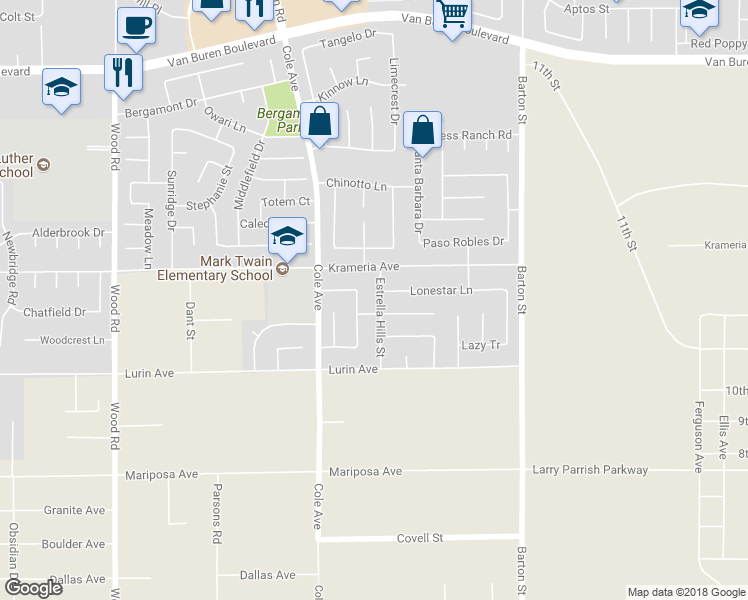 map of restaurants, bars, coffee shops, grocery stores, and more near 9471 Estrella Hills Street in Riverside