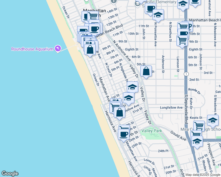 map of restaurants, bars, coffee shops, grocery stores, and more near 224 2nd Place in Manhattan Beach