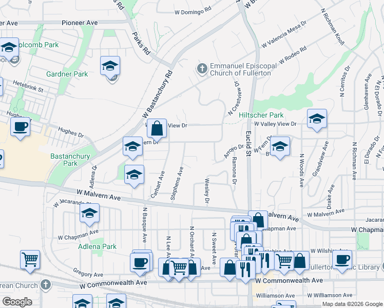 map of restaurants, bars, coffee shops, grocery stores, and more near 1143 Norby Lane in Fullerton