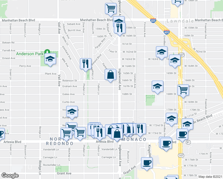 map of restaurants, bars, coffee shops, grocery stores, and more near 2606 Perkins Lane in Redondo Beach